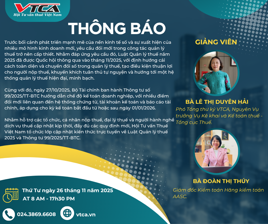 VTCA mở lớp cập nhật kiến thức Thuế và Kế toán ngày 26/11/2025